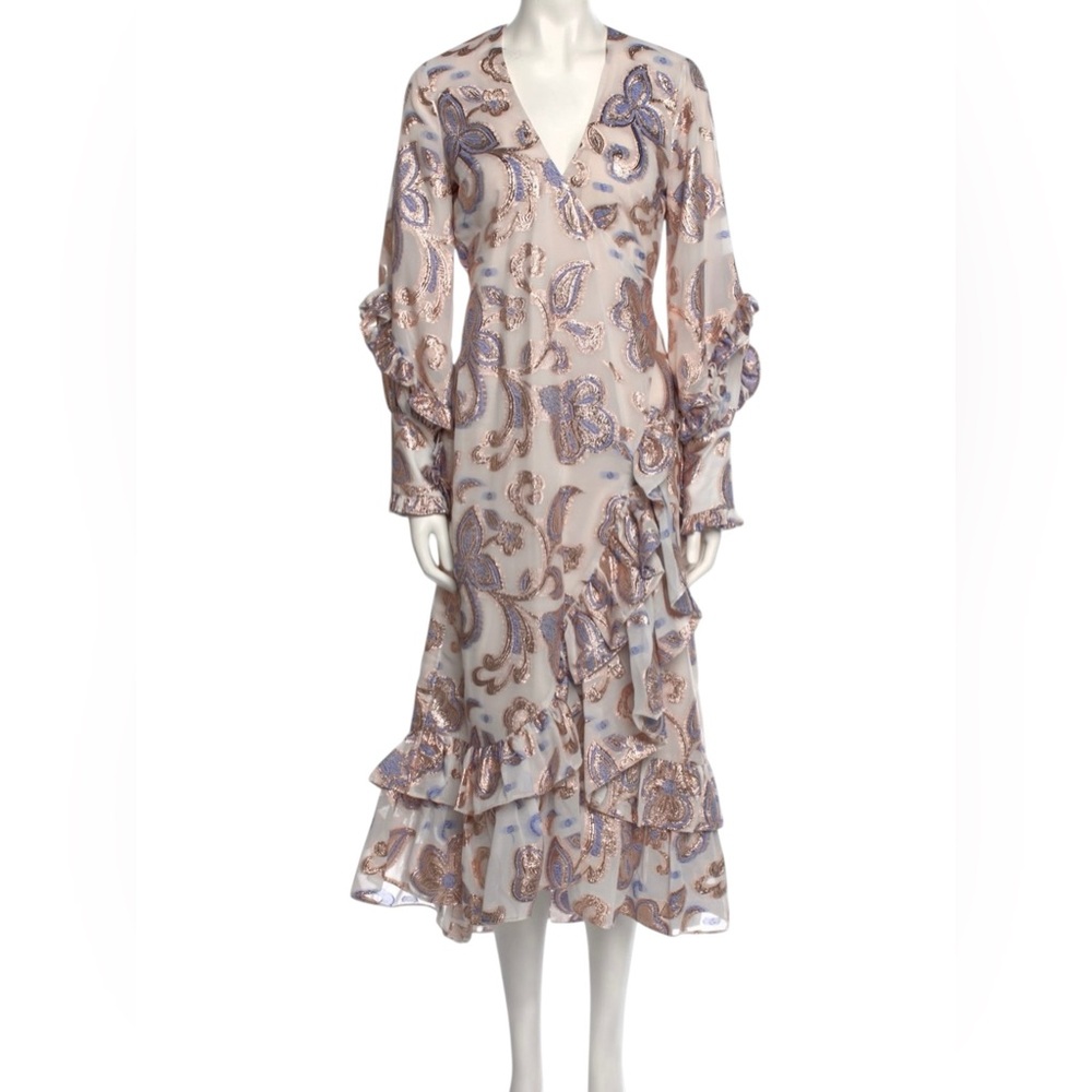 AS IS Alexis Abessa Metallic Paisley Ruffle Trim Long Sleeve Wrap Midi Dress